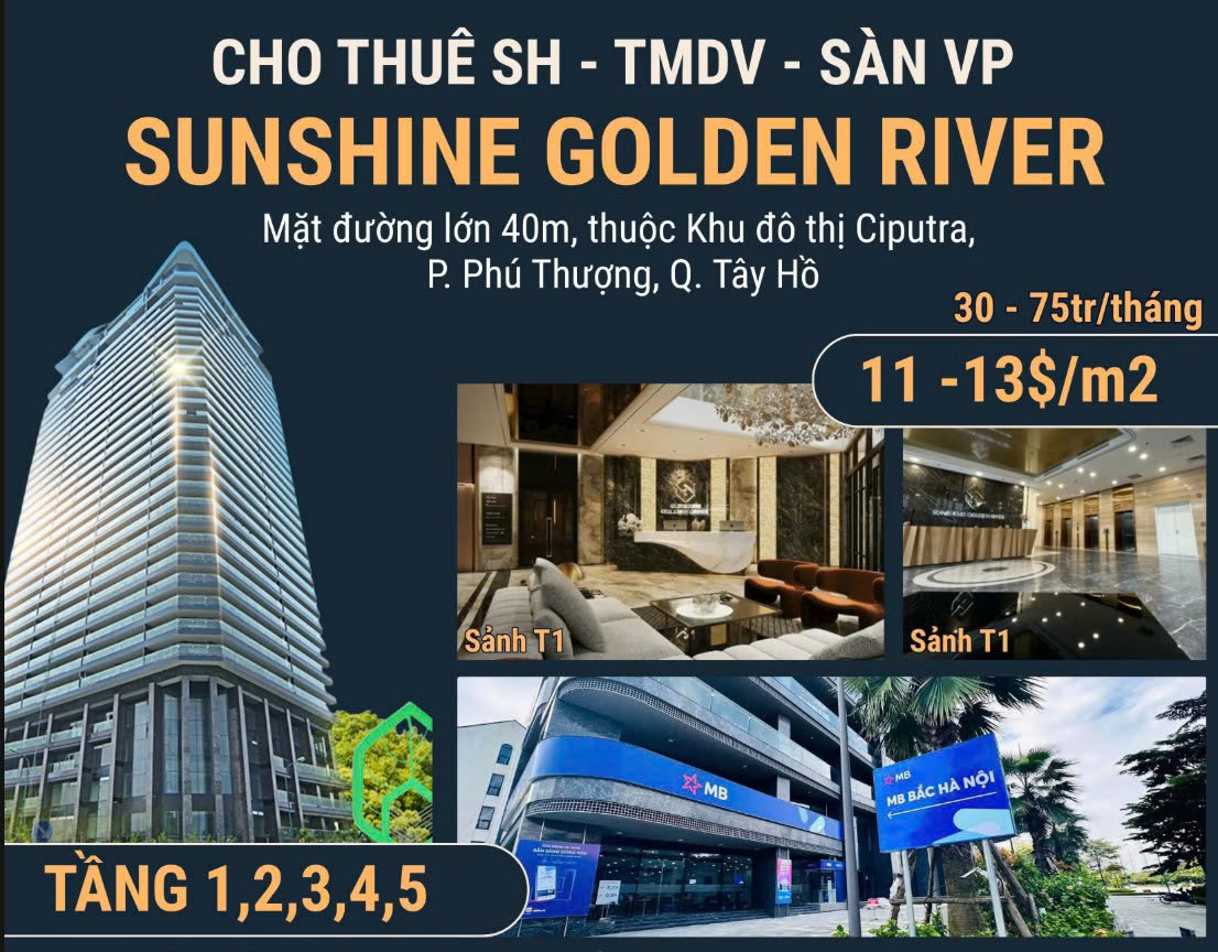 Cho thuê sàn TMDV-VP Sunshine Golden River. Tầng 1,2,3,4,5. Giá từ 30tr/tháng. - Ảnh chính